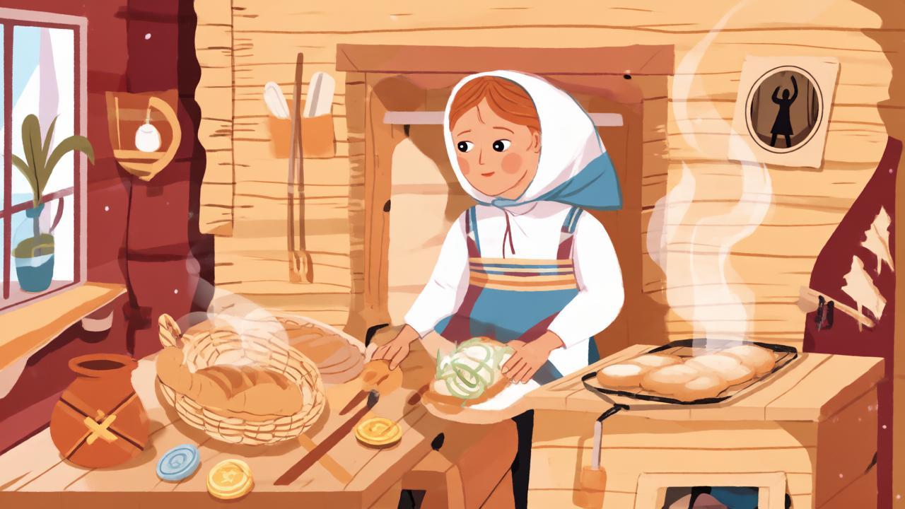 Хозяйка печёт пироги в избе с символическими запретами — иллюстрация к традициям Лукова дня